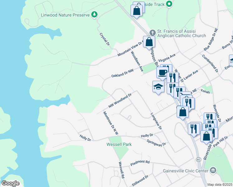 map of restaurants, bars, coffee shops, grocery stores, and more near 387 Hollywood Circle in Gainesville