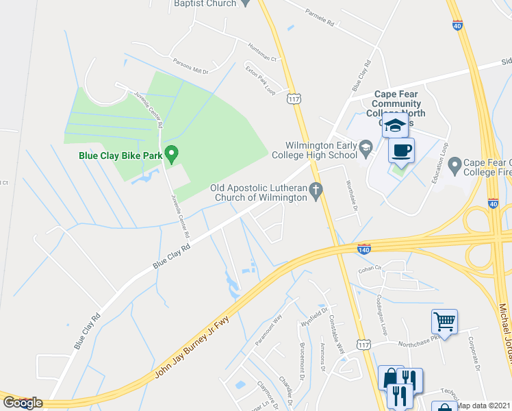 map of restaurants, bars, coffee shops, grocery stores, and more near 4328 Blue Clay Road in Castle Hayne