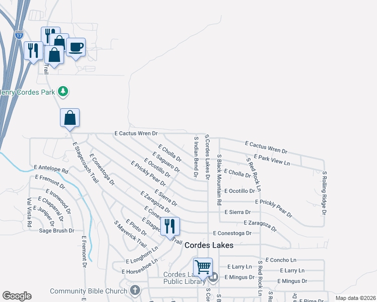 map of restaurants, bars, coffee shops, grocery stores, and more near 20255 East Cholla Drive in Cordes Lakes