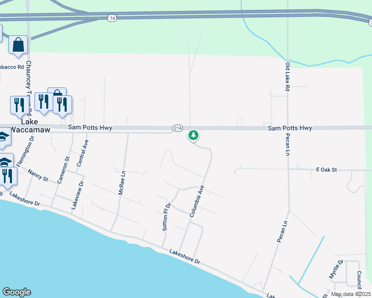 map of restaurants, bars, coffee shops, grocery stores, and more near 90 Bald Cypress Circle in Lake Waccamaw