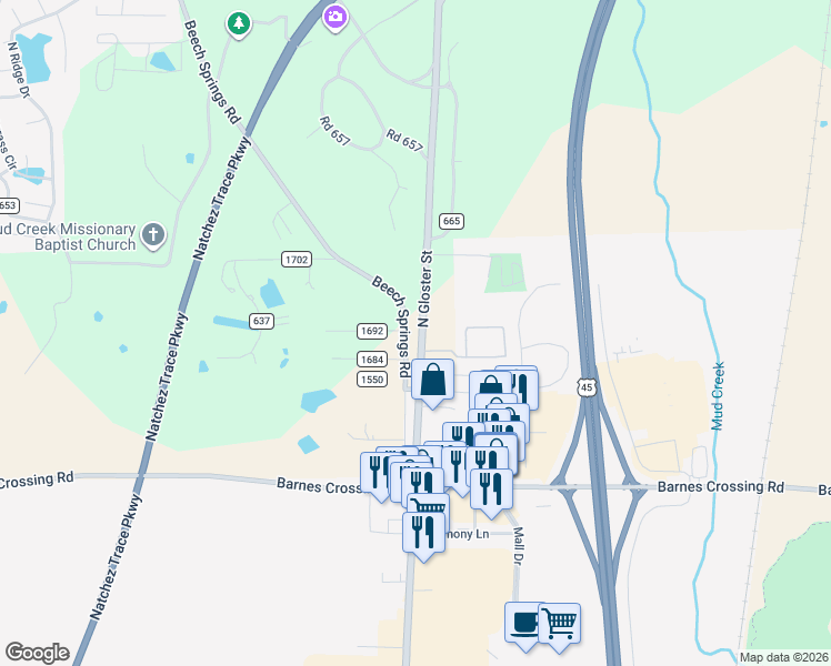 map of restaurants, bars, coffee shops, grocery stores, and more near 1441 Beech Springs Road in Saltillo