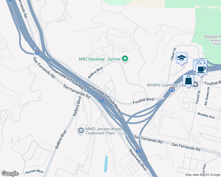 map of restaurants, bars, coffee shops, grocery stores, and more near 16613 Foothill Boulevard in Los Angeles