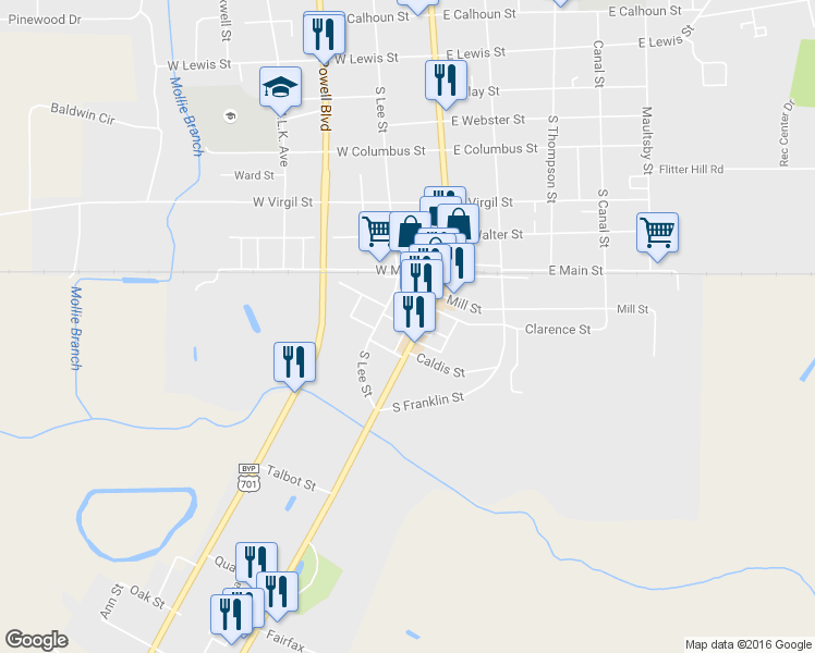 map of restaurants, bars, coffee shops, grocery stores, and more near C E Clifton Lane in Whiteville