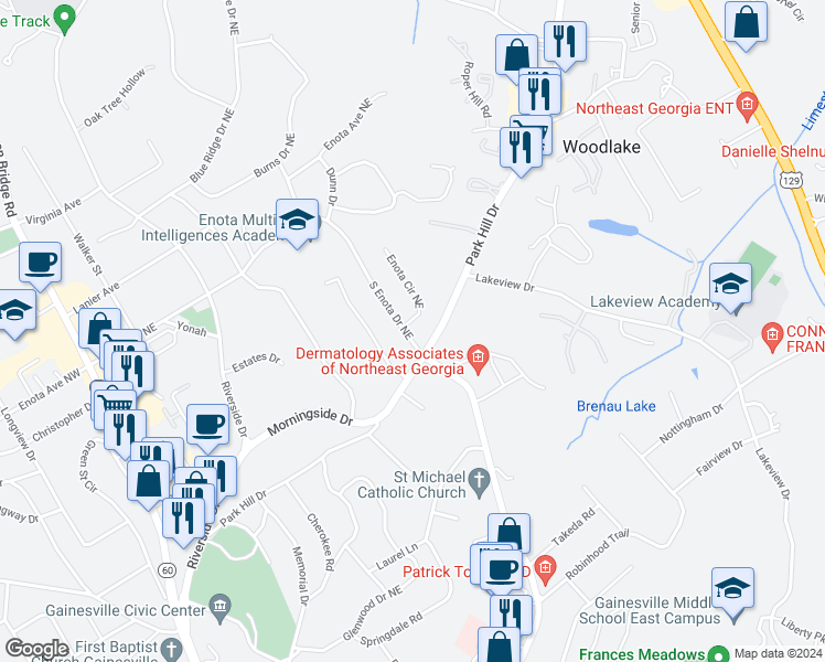 map of restaurants, bars, coffee shops, grocery stores, and more near 1072 South Enota Drive Northeast in Gainesville