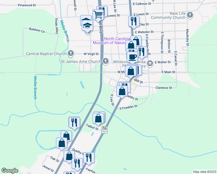map of restaurants, bars, coffee shops, grocery stores, and more near 209 Cypress Street in Whiteville
