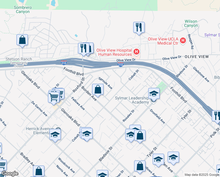 map of restaurants, bars, coffee shops, grocery stores, and more near 14833 Ararat Street in Los Angeles