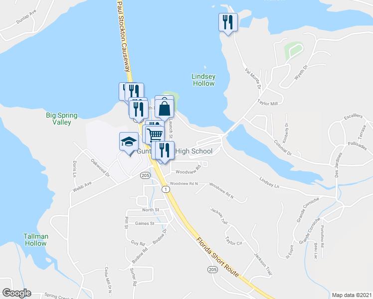 map of restaurants, bars, coffee shops, grocery stores, and more near 3256 Hardin Road in Guntersville