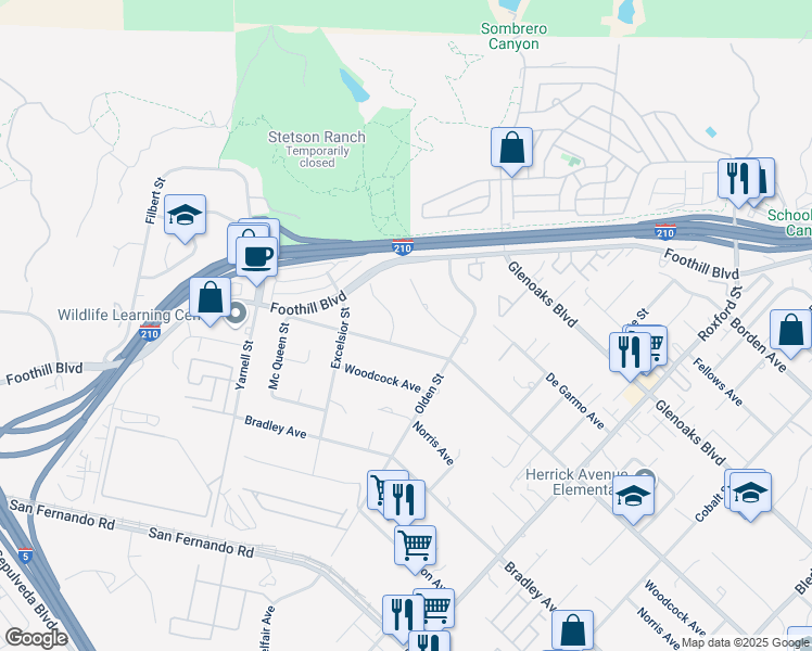 map of restaurants, bars, coffee shops, grocery stores, and more near 13700 Herrick Avenue in Los Angeles