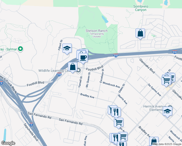 map of restaurants, bars, coffee shops, grocery stores, and more near 15866 Mc Queen Street in Los Angeles
