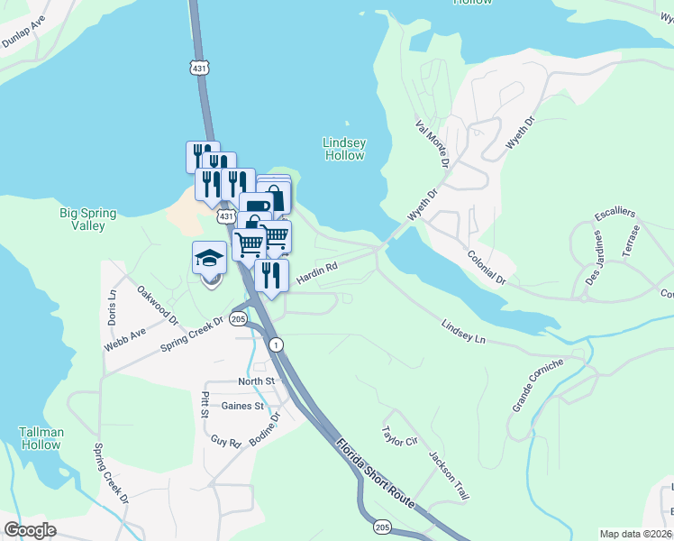 map of restaurants, bars, coffee shops, grocery stores, and more near 3309 Grant Street in Guntersville