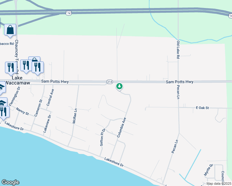 map of restaurants, bars, coffee shops, grocery stores, and more near 90 Bald Cypress Circle in Lake Waccamaw
