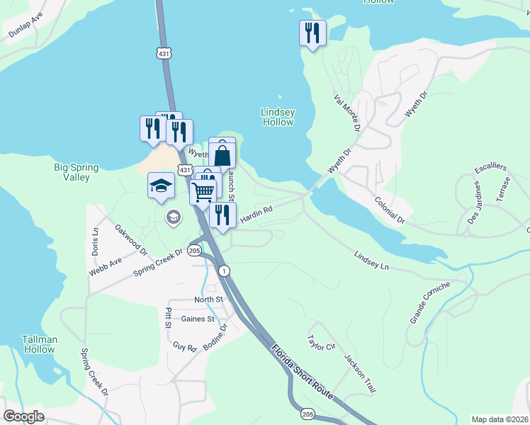 map of restaurants, bars, coffee shops, grocery stores, and more near 3301 Hardin Road in Guntersville
