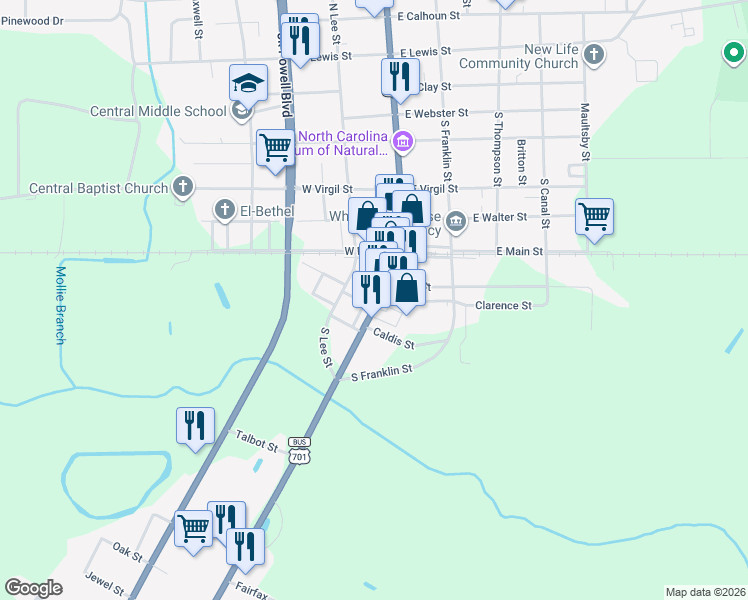 map of restaurants, bars, coffee shops, grocery stores, and more near 2-32 Lewis Smith Shopping Center in Whiteville