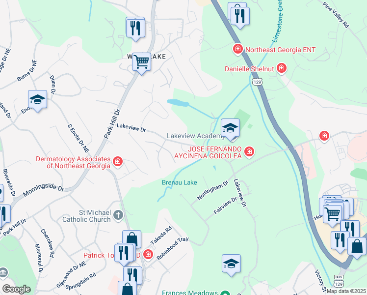 map of restaurants, bars, coffee shops, grocery stores, and more near 909 Brenau Point Drive in Gainesville