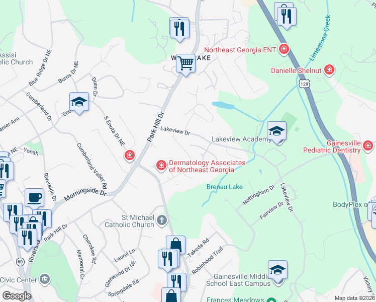 map of restaurants, bars, coffee shops, grocery stores, and more near 1540 Woodland Court in Gainesville