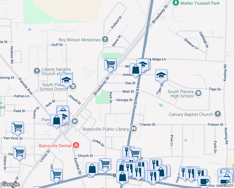 map of restaurants, bars, coffee shops, grocery stores, and more near 208 Georgia Street in Batesville