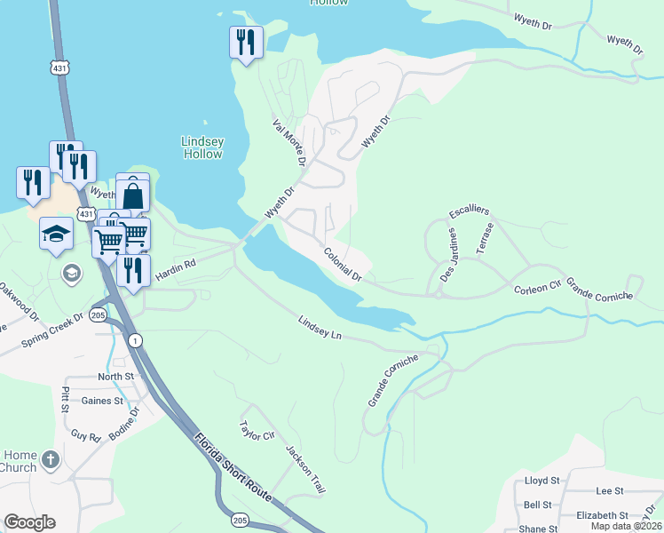 map of restaurants, bars, coffee shops, grocery stores, and more near 3519 Colonial Drive in Guntersville