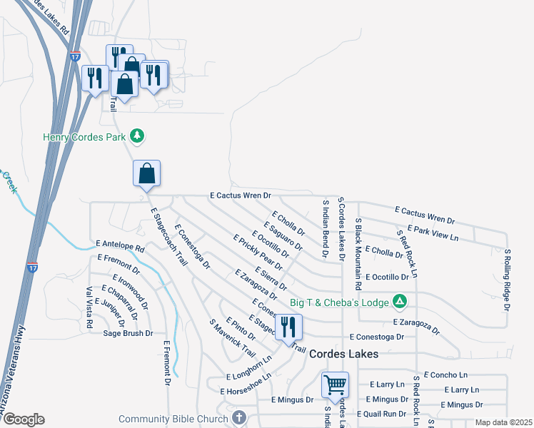 map of restaurants, bars, coffee shops, grocery stores, and more near 20121 East Cholla Drive in Cordes Lakes