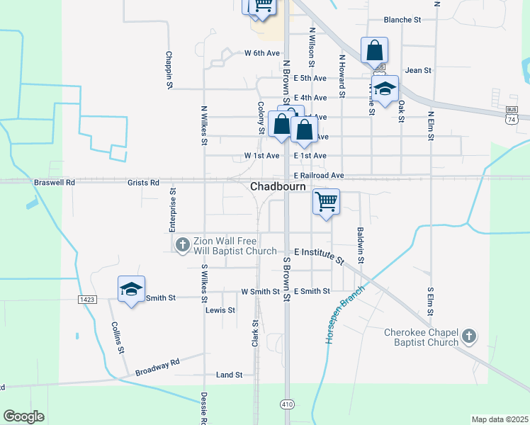 map of restaurants, bars, coffee shops, grocery stores, and more near 214 Clark Street in Chadbourn