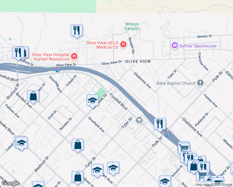 map of restaurants, bars, coffee shops, grocery stores, and more near 14365 Foothill Boulevard in Los Angeles