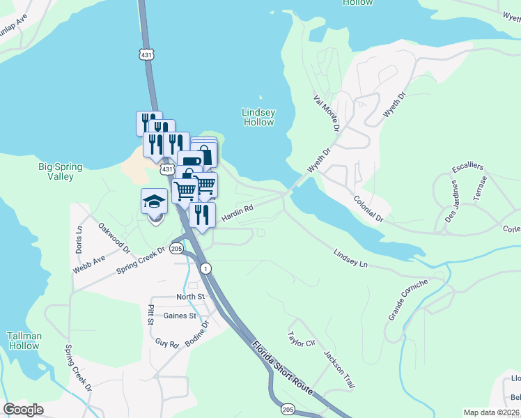 map of restaurants, bars, coffee shops, grocery stores, and more near 3256 Hardin Road in Guntersville