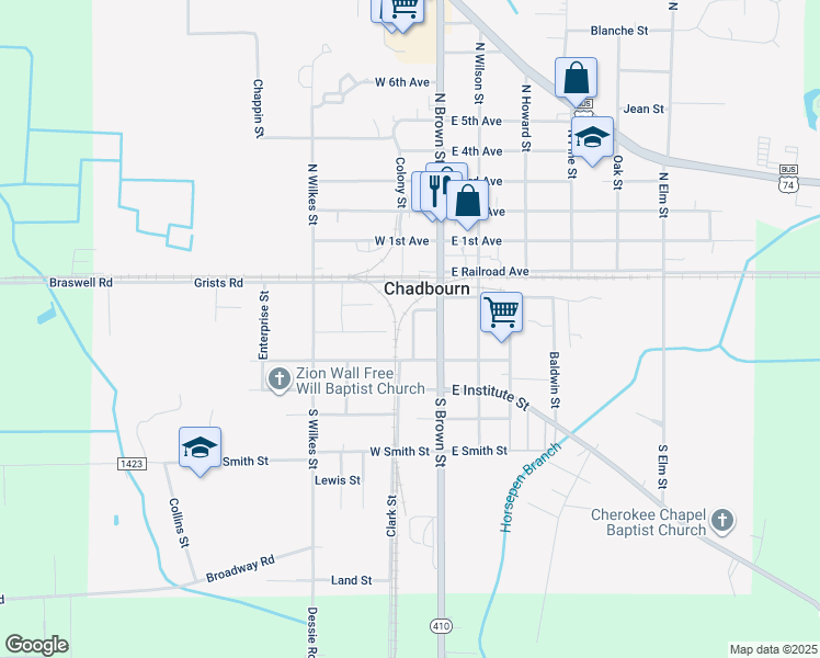 map of restaurants, bars, coffee shops, grocery stores, and more near 214 Clark Street in Chadbourn