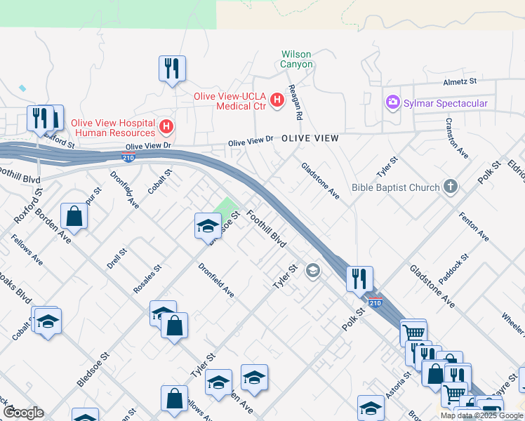 map of restaurants, bars, coffee shops, grocery stores, and more near 14365 Foothill Boulevard in Los Angeles