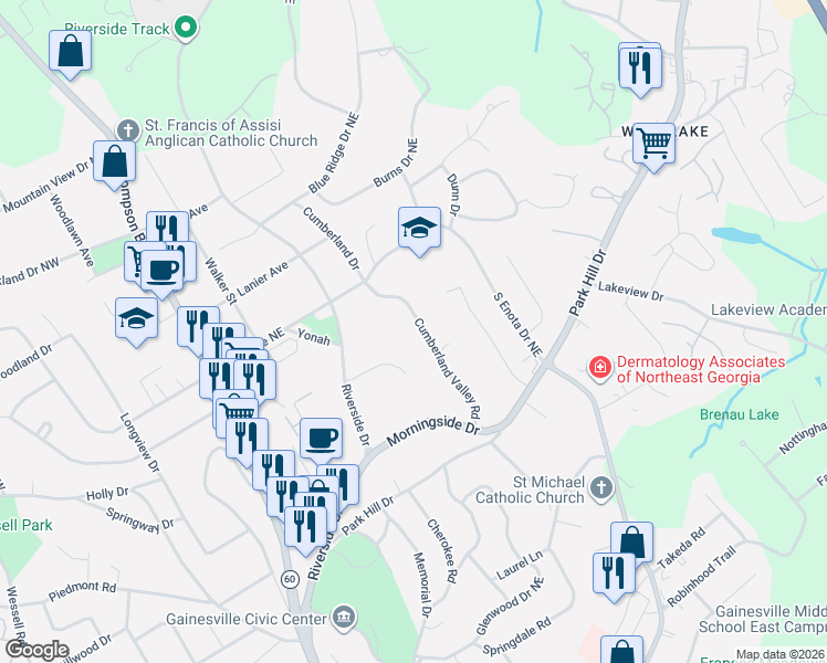 map of restaurants, bars, coffee shops, grocery stores, and more near 1225 Cumberland Valley Road in Gainesville