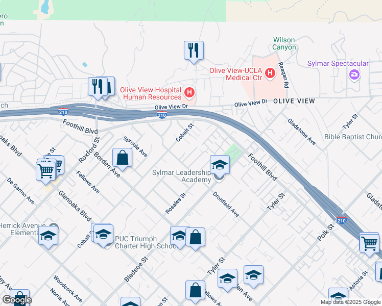 map of restaurants, bars, coffee shops, grocery stores, and more near 13652 Dronfield Avenue in Los Angeles