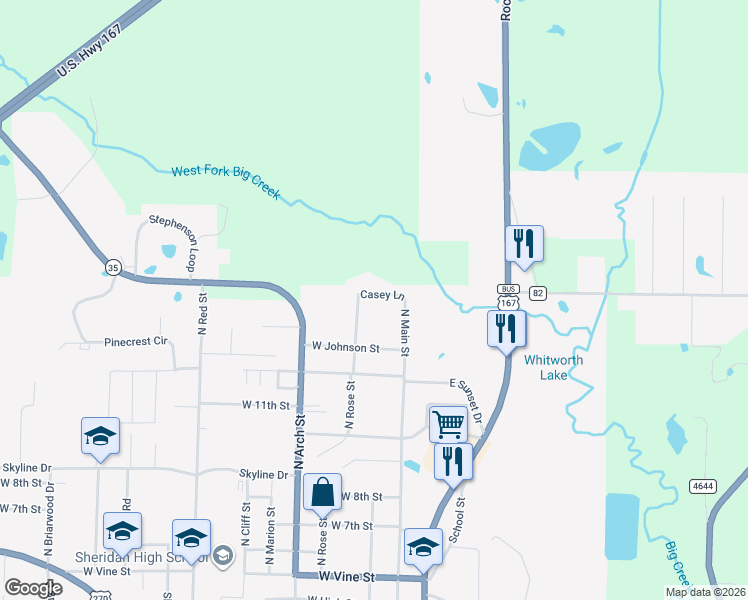 map of restaurants, bars, coffee shops, grocery stores, and more near 208 Casey Lane in Sheridan