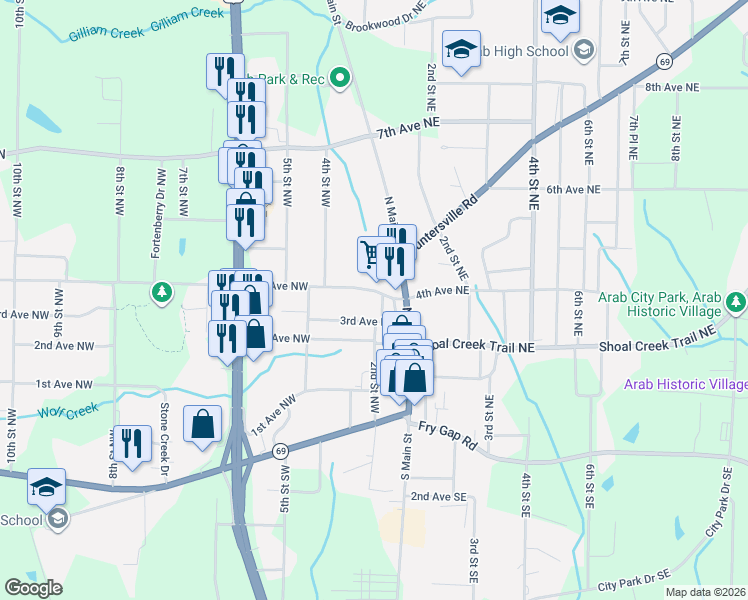 map of restaurants, bars, coffee shops, grocery stores, and more near 325 2nd Street Northwest in Arab