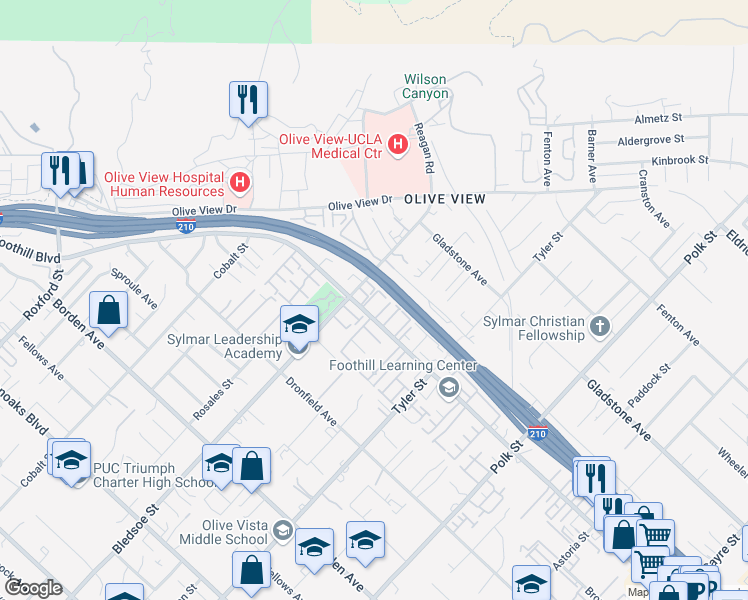 map of restaurants, bars, coffee shops, grocery stores, and more near 14365 Foothill Boulevard in Los Angeles
