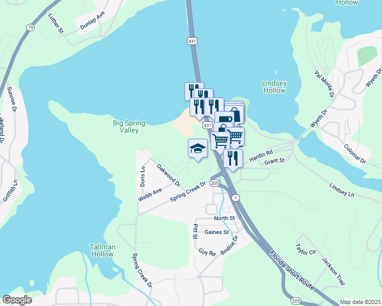 map of restaurants, bars, coffee shops, grocery stores, and more near 14227 U.S. 431 in Guntersville