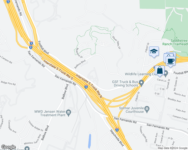map of restaurants, bars, coffee shops, grocery stores, and more near 16637 Foothill Boulevard in Los Angeles