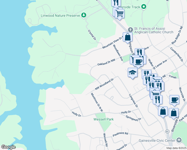 map of restaurants, bars, coffee shops, grocery stores, and more near 1608 Hollywood Avenue in Gainesville