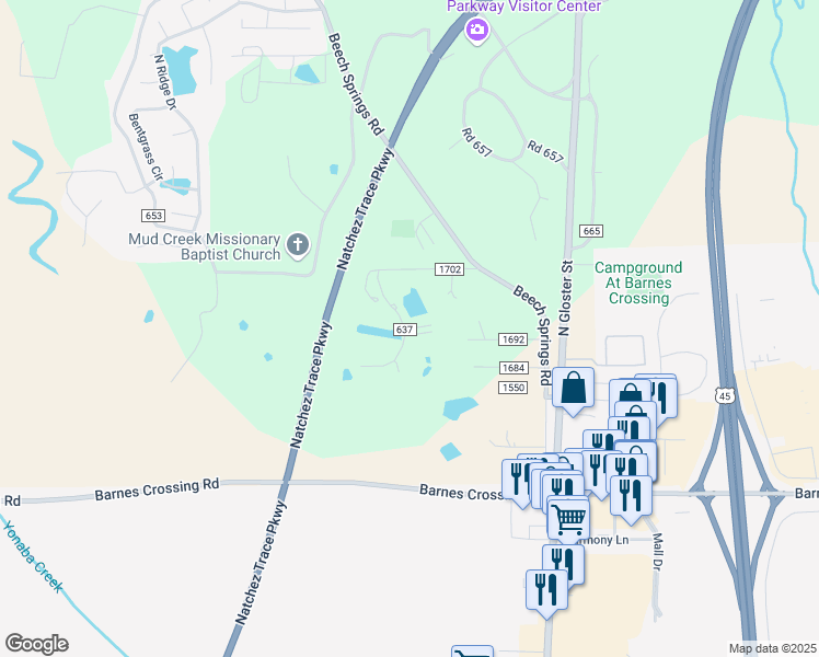 map of restaurants, bars, coffee shops, grocery stores, and more near 100-124 County Road 637 in Saltillo