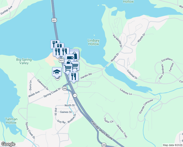 map of restaurants, bars, coffee shops, grocery stores, and more near 3336 Hardin Road in Guntersville
