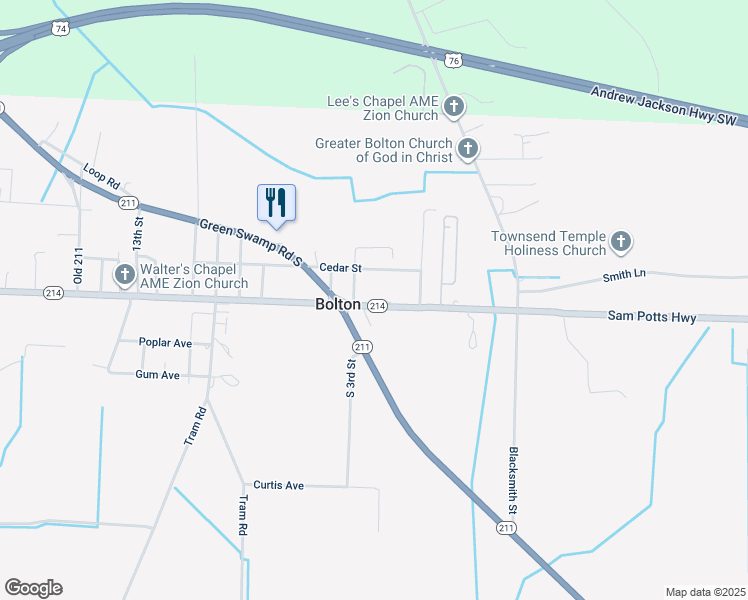 map of restaurants, bars, coffee shops, grocery stores, and more near 15727 Sam Potts Highway in Bolton