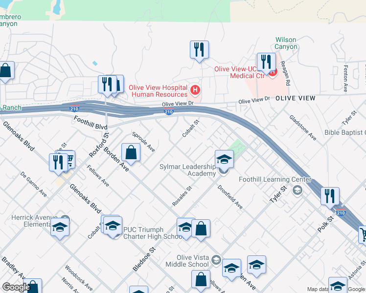 map of restaurants, bars, coffee shops, grocery stores, and more near 13682 Dronfield Avenue in Los Angeles