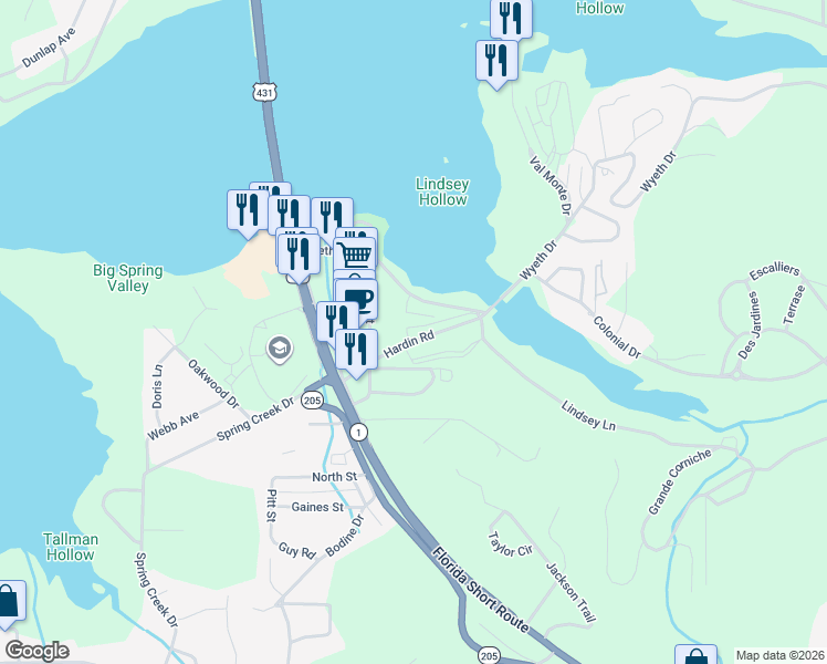 map of restaurants, bars, coffee shops, grocery stores, and more near 5325 Wyeth Drive in Guntersville
