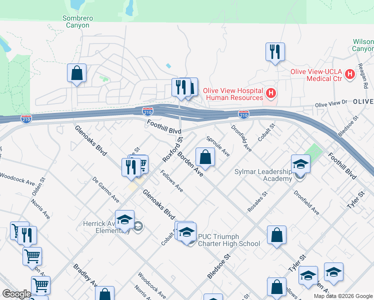map of restaurants, bars, coffee shops, grocery stores, and more near 15022 Roxford Place in Los Angeles