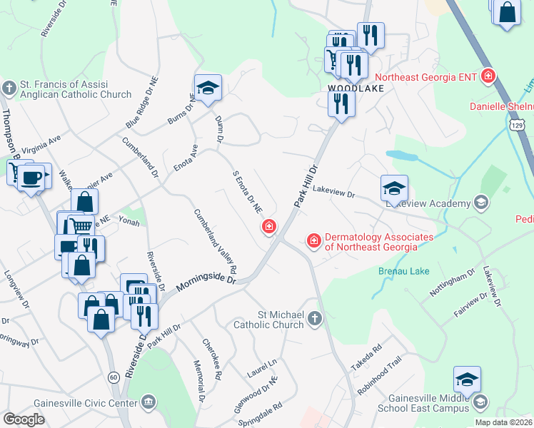 map of restaurants, bars, coffee shops, grocery stores, and more near 1126 South Enota Drive Northeast in Gainesville