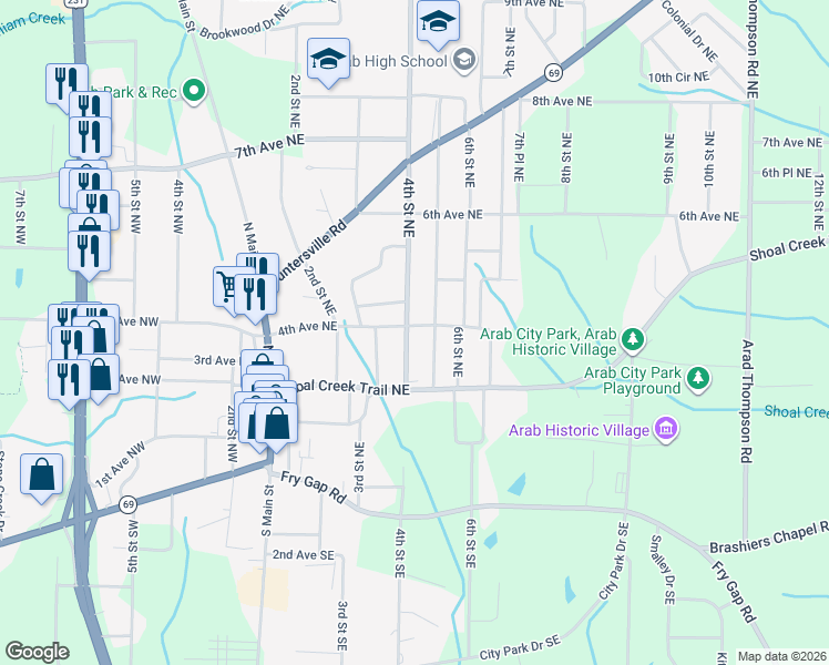 map of restaurants, bars, coffee shops, grocery stores, and more near 400 4th Street Northeast in Arab
