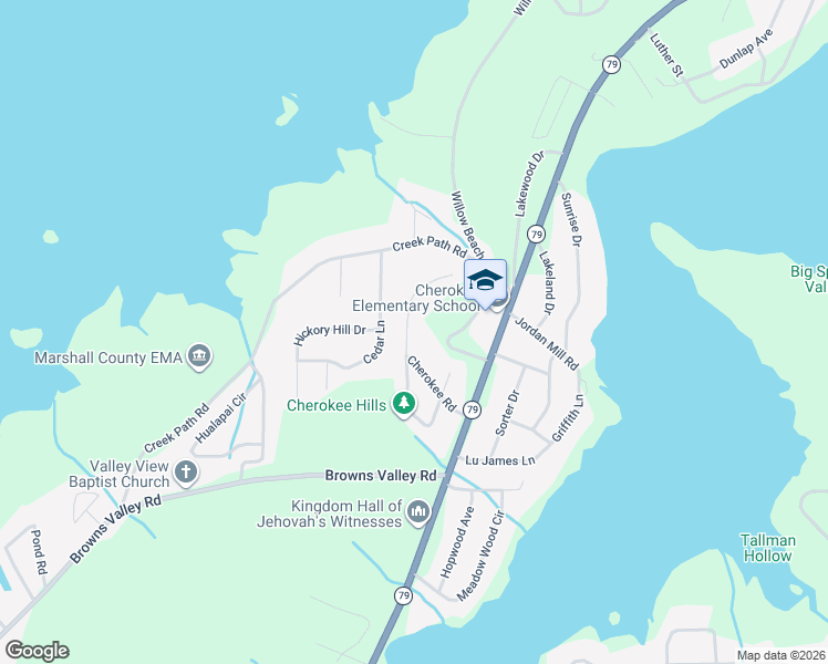 map of restaurants, bars, coffee shops, grocery stores, and more near 3401 Creek Circle in Guntersville