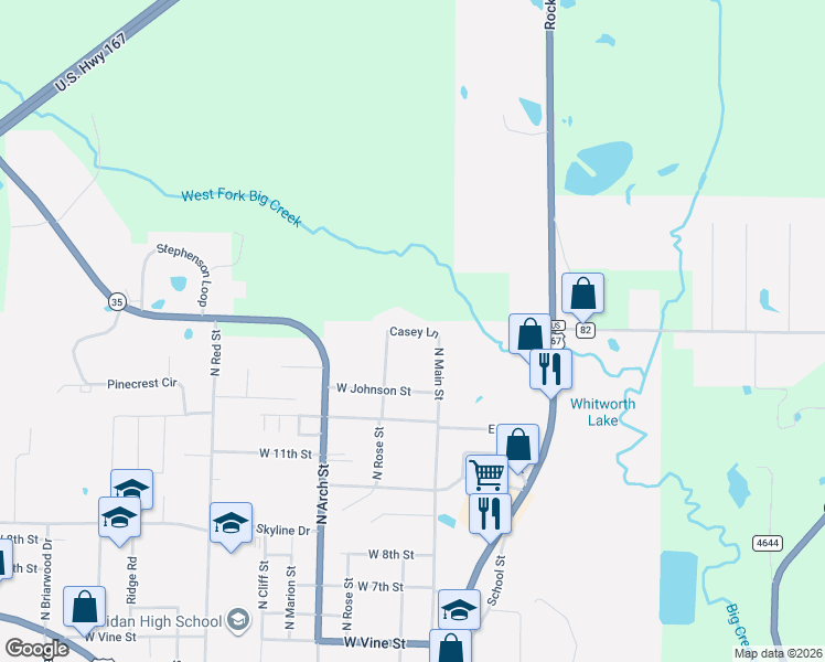 map of restaurants, bars, coffee shops, grocery stores, and more near 208 Casey Lane in Sheridan