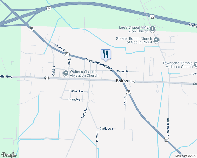 map of restaurants, bars, coffee shops, grocery stores, and more near 15415 Sam Potts Highway in Bolton