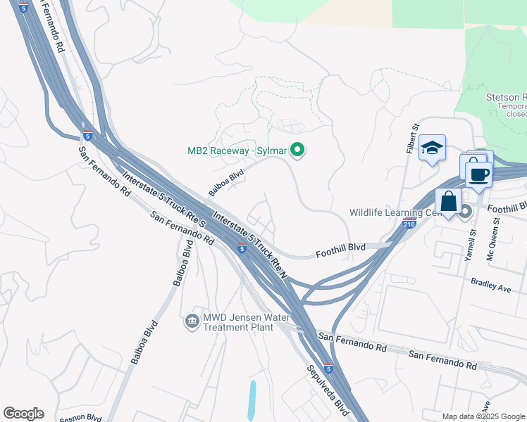 map of restaurants, bars, coffee shops, grocery stores, and more near 16637 Foothill Boulevard in Los Angeles