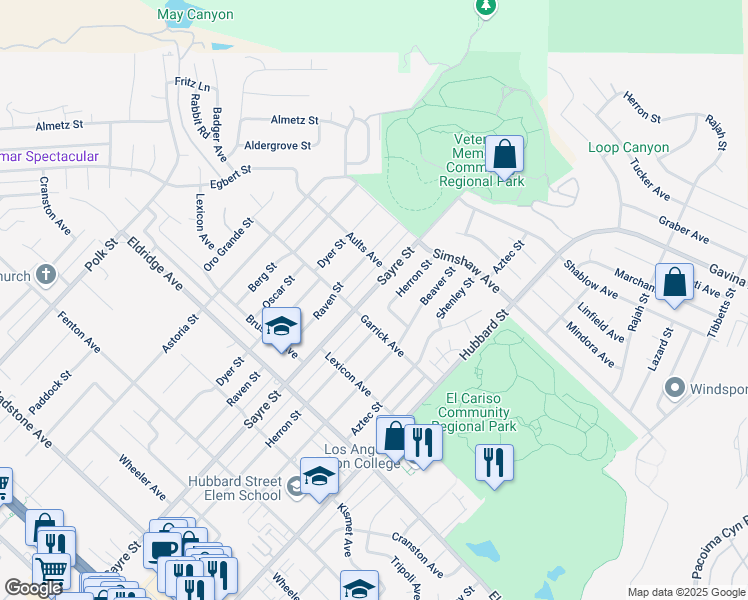 map of restaurants, bars, coffee shops, grocery stores, and more near 13228 Sayre Street in Los Angeles
