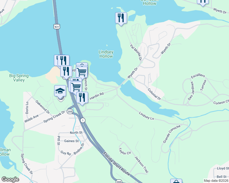 map of restaurants, bars, coffee shops, grocery stores, and more near 3336 Hardin Road in Guntersville