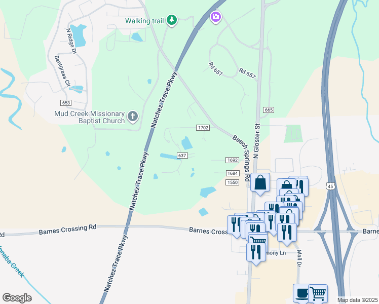 map of restaurants, bars, coffee shops, grocery stores, and more near 147 Free Will Lane in Saltillo